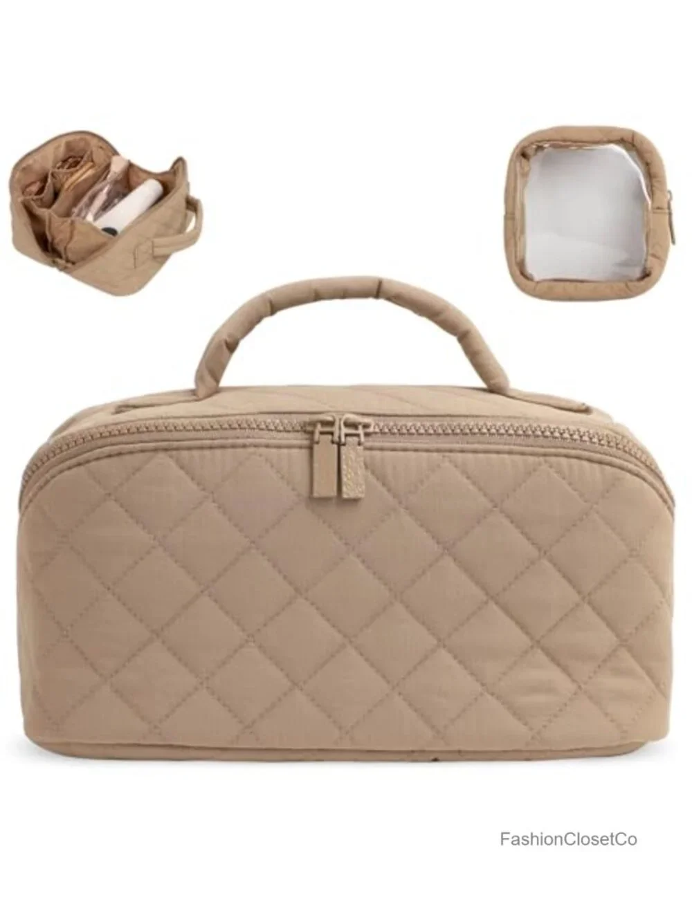 Puffer Quilted Makeup Bag 180 Lay Flat Cosmetic Organizer Water Resistant